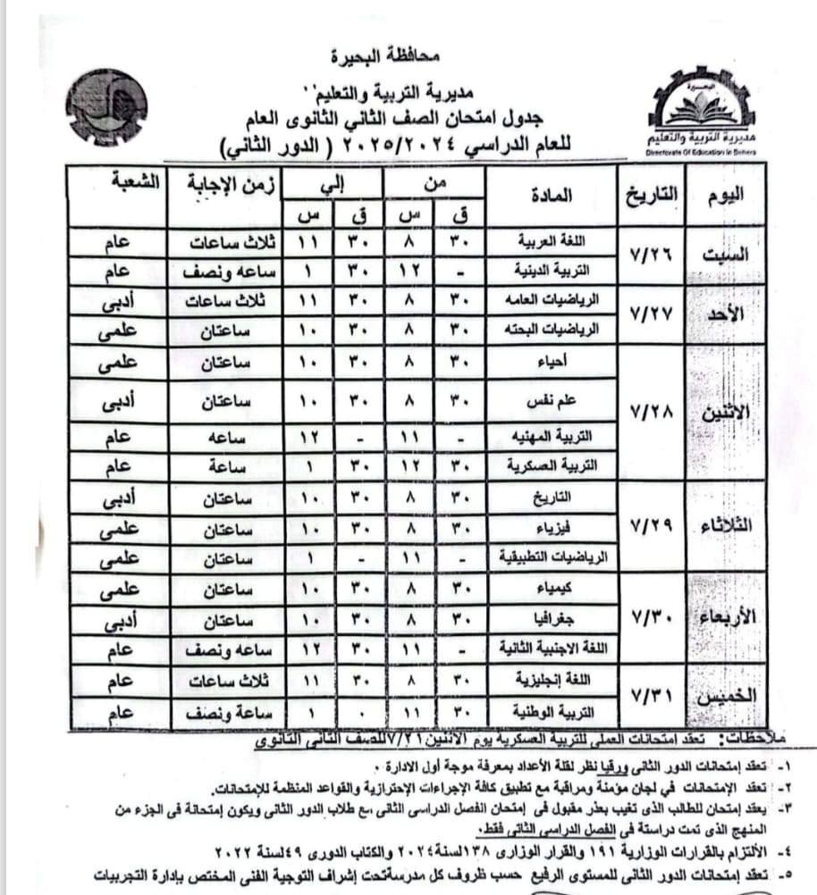جدول اختبارات الثاني الثانوي